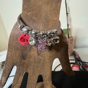 paparazzi Silver Charm Bracelet with Red Rose and Pink Crystal Butterfly